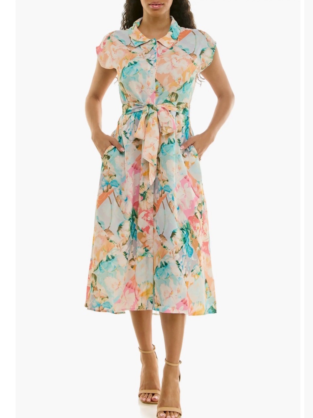 Nina Leonard Pastel Floral Print Shirtdress NWT